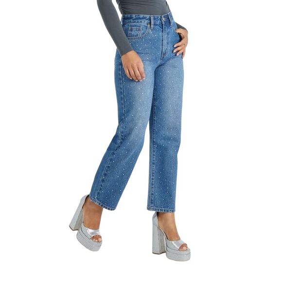 Jack High Rise Ankle Straight Leg Rhinestone Embellished Blue Jeans Size 32 - Picture 1 of 13